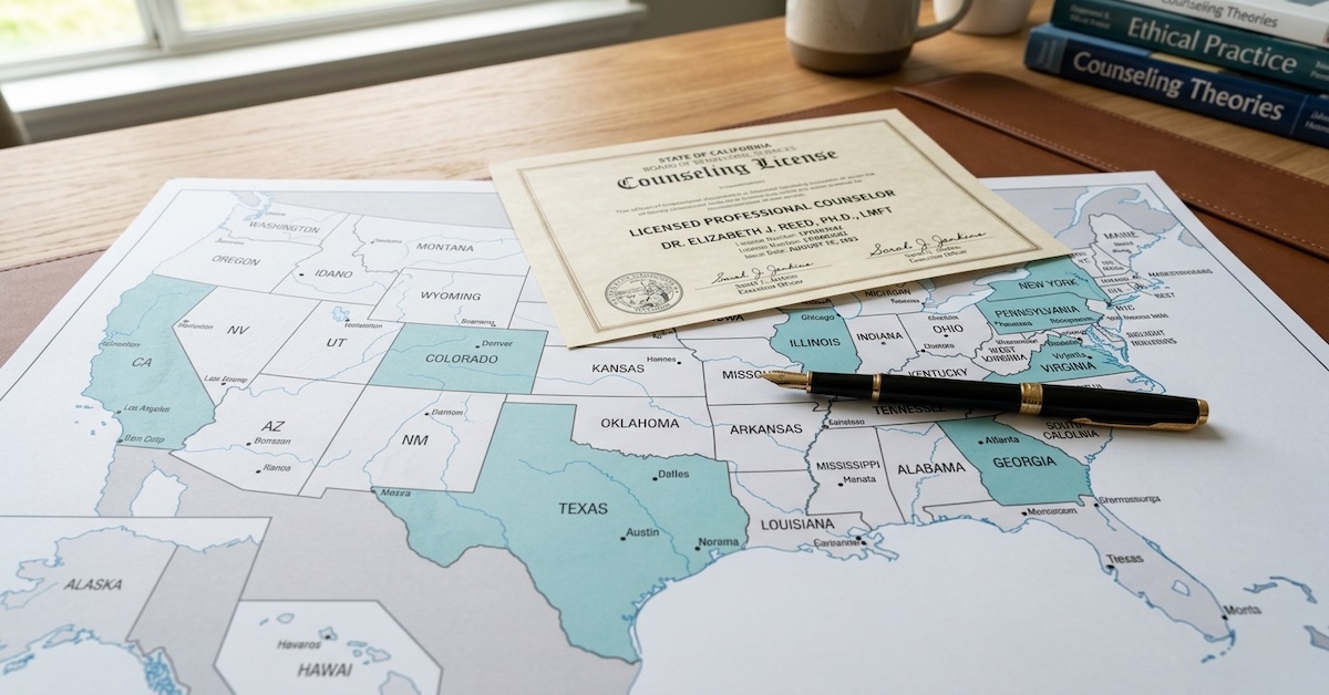 counseling-compact-license-multistate-map - Human Services Edu U.S. map with highlighted states resting on a desk next to a counseling license certificate and pen, with counseling textbooks in the background