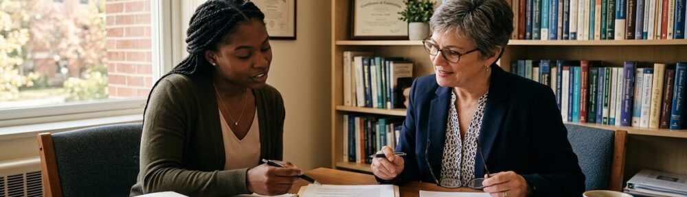 Counseling graduate student reviewing clinical notes with faculty supervisor Dr. E. Vance in a university office