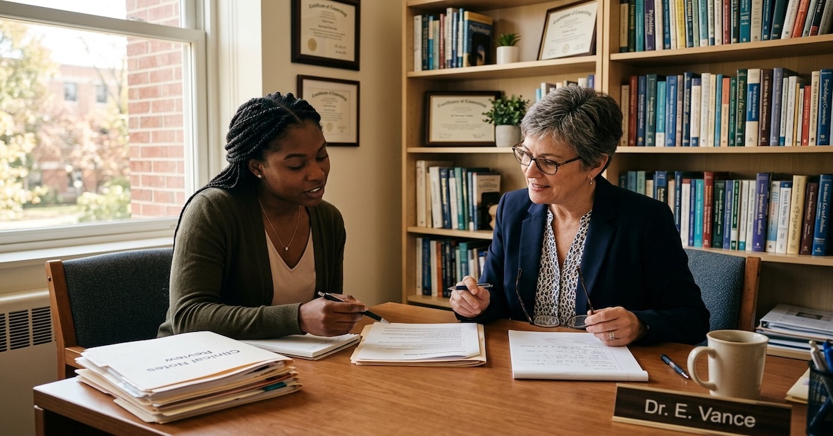 counseling-student-clinical-supervision-session - Human Services Edu Counseling graduate student reviewing clinical notes with faculty supervisor Dr. E. Vance in a university office
