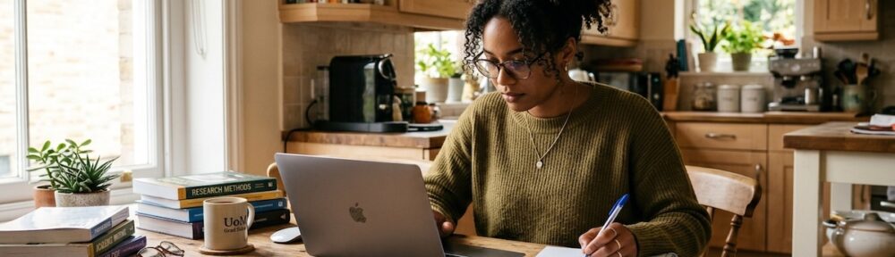 graduate-student-studying-online-msw-program-at-home - Human Services Edu Graduate student reviewing MSW program materials on a laptop at a kitchen table with textbooks and notes