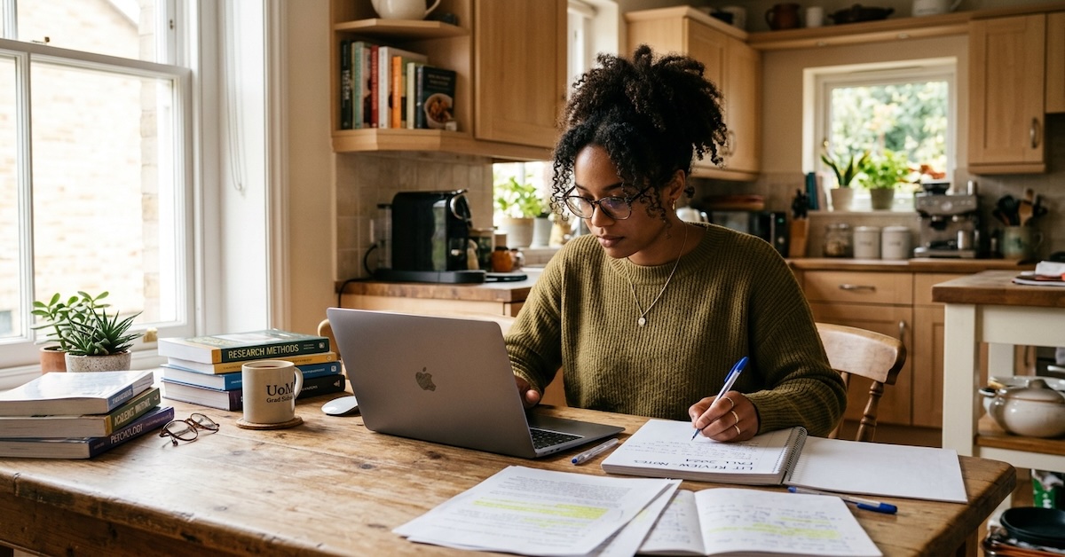 graduate-student-studying-online-msw-program-at-home - Human Services Edu Graduate student reviewing MSW program materials on a laptop at a kitchen table with textbooks and notes