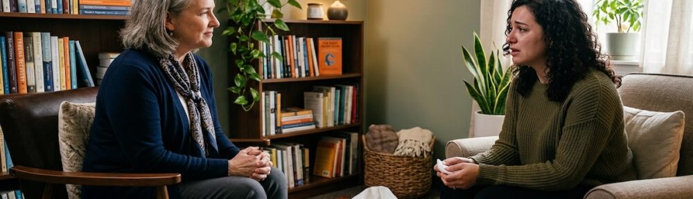 Licensed grief counselor seated across from a client in a therapy office with bookshelves and a framed counseling certificate on the wall