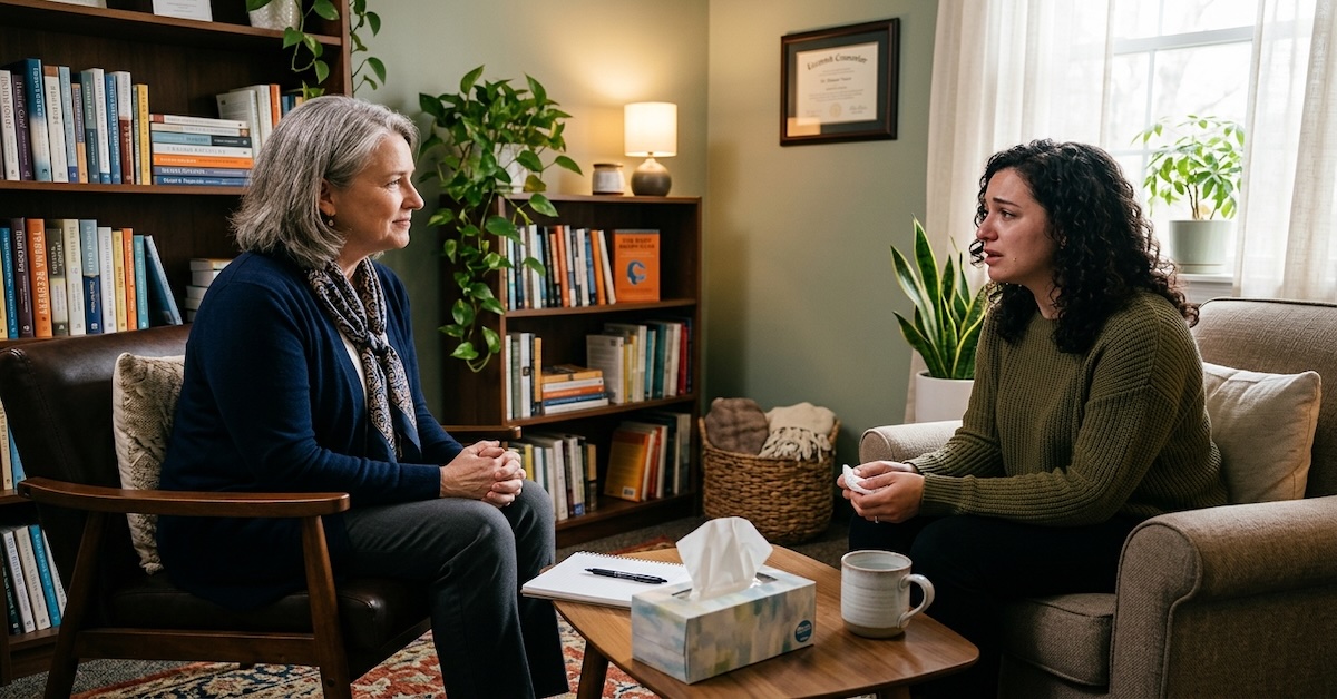 grief-counseling-certification-session - Human Services Edu Licensed grief counselor seated across from a client in a therapy office with bookshelves and a framed counseling certificate on the wall