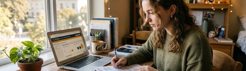Social work student reviewing financial aid documents at a desk with a laptop showing a university scholarships portal