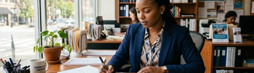 social-worker-bsw-salary-community-support-office - Human Services Edu A social worker in professional attire reviews client case documents at her desk in a community support services office