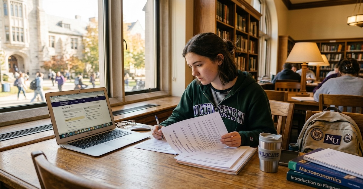 student-reviewing-financial-aid-documents-university-library - Human Services Edu College student reviewing financial aid documents in a university library with laptop open to a financial aid portal